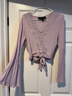 Polly & Esther Lavender Tie-Back Lace Trim Cropped Blouse with Bell Sleeves